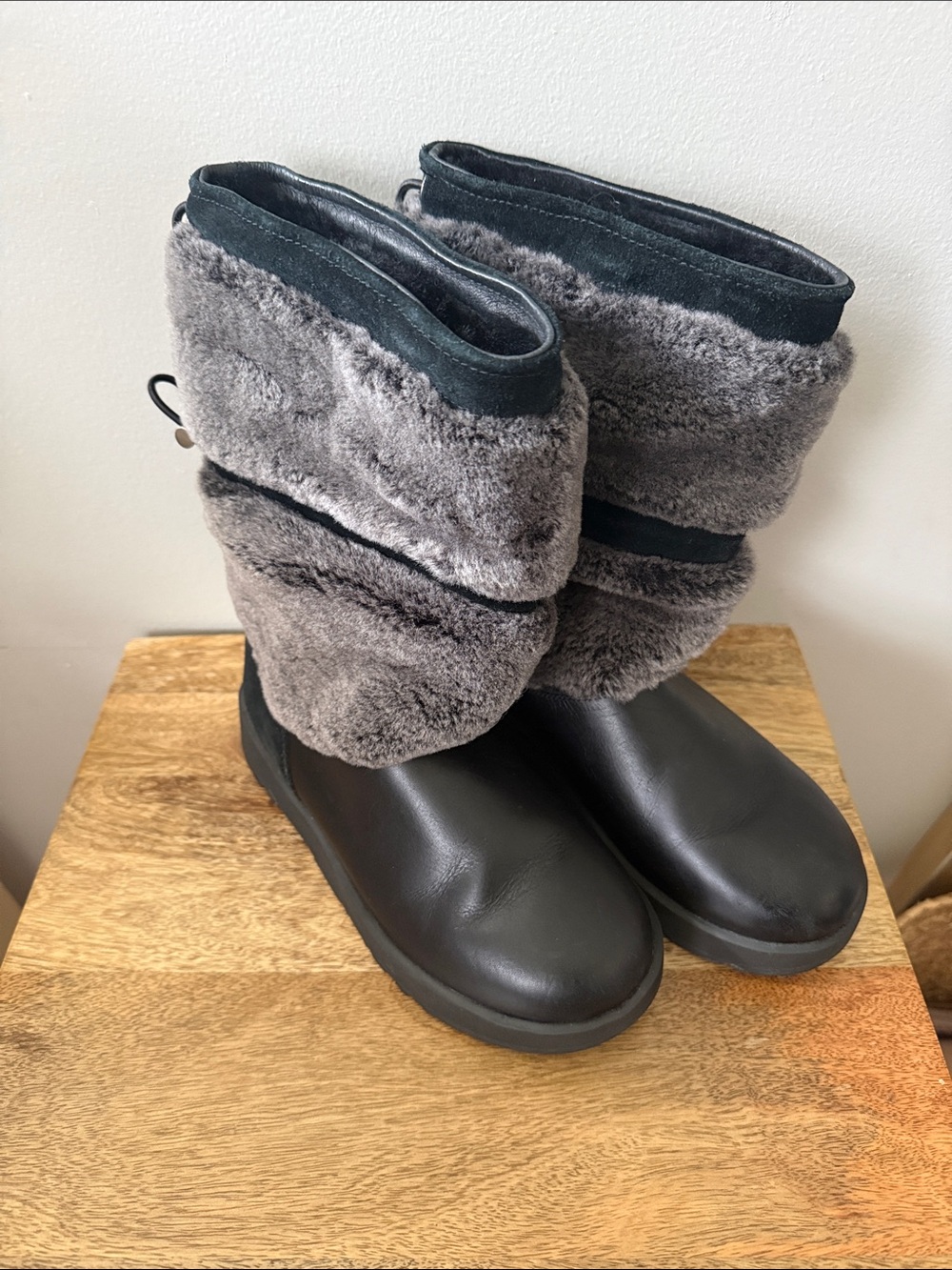 UGG Black Boots with Gray Faux-Fur Cuff